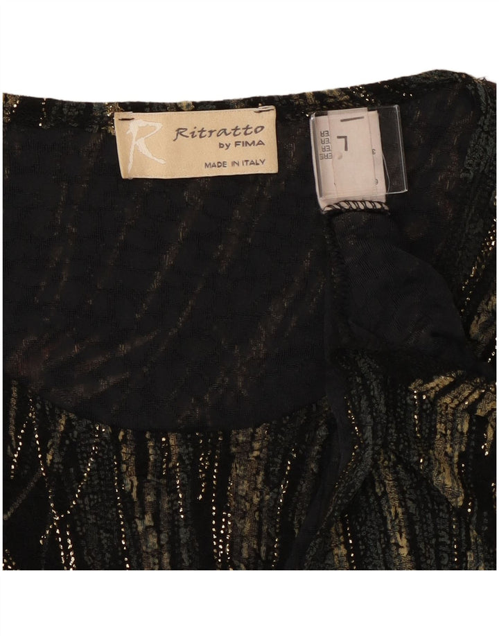 Vintage Womens Abstract Pattern Top Long Sleeve UK 16 Large Black Viscose