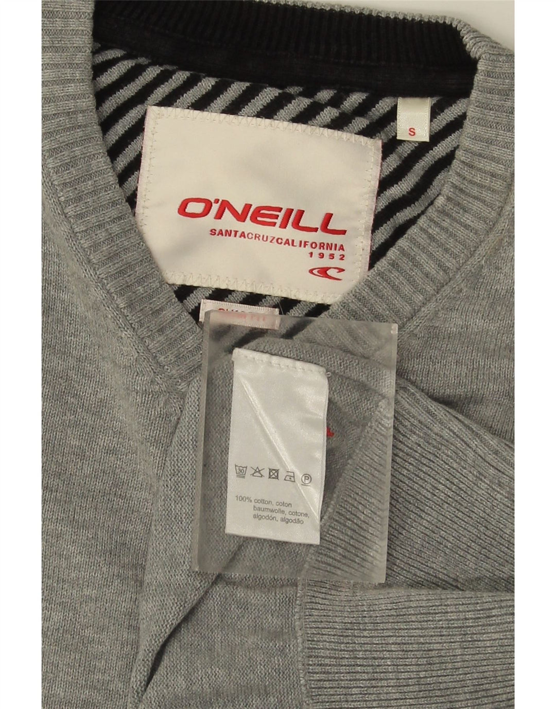 O'Neill Mens V-Neck Jumper Sweater Small Grey Cotton