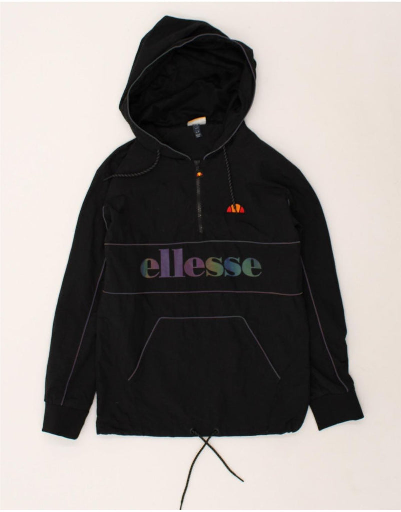 ELLESSE Womens Graphic Hooded Anorak Jacket UK 4 XS Black Cotton | Vintage Ellesse | Thrift | Second-Hand Ellesse | Used Clothing | Messina Hembry 