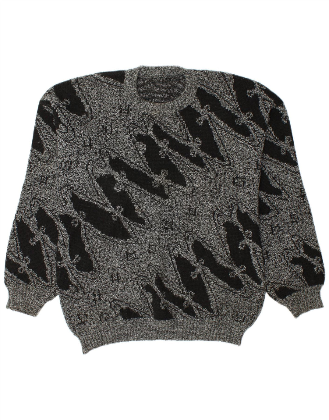 Vintage Mens Crew Neck Jumper Sweater Large Grey Geometric