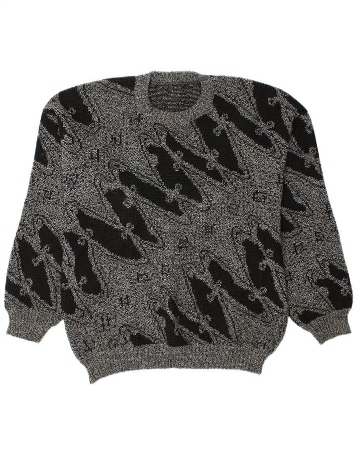 Vintage Mens Crew Neck Jumper Sweater Large Grey Geometric