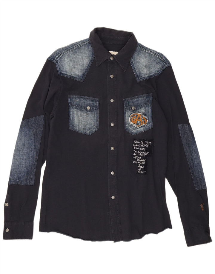 Gas Mens Graphic Shirt Medium Navy Blue Colourblock Cotton
