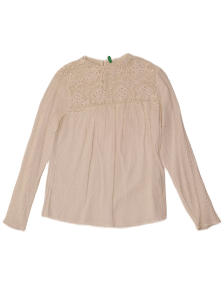 Benetton Womens Long Sleeve Blouse Top UK 10 Small White Cotton