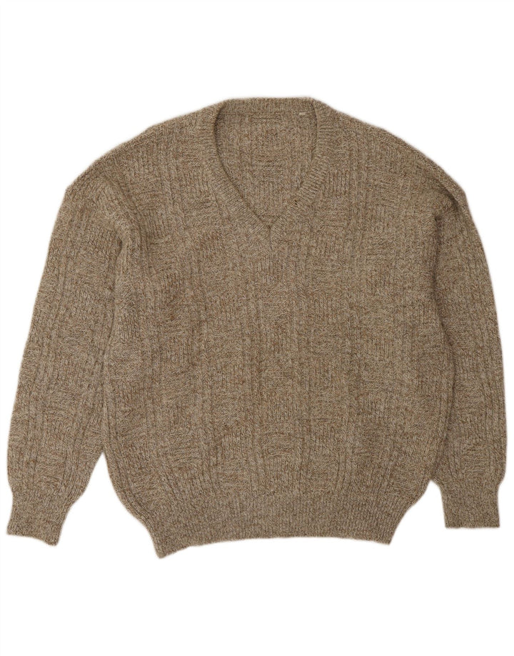 Vintage Mens V-Neck Jumper Sweater IT 52 Large Beige Wool