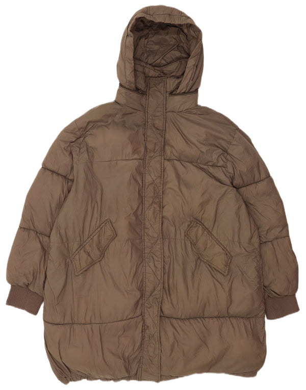 Zara Womens Hooded Oversized Padded Jacket UK 18 XL Brown Nylon