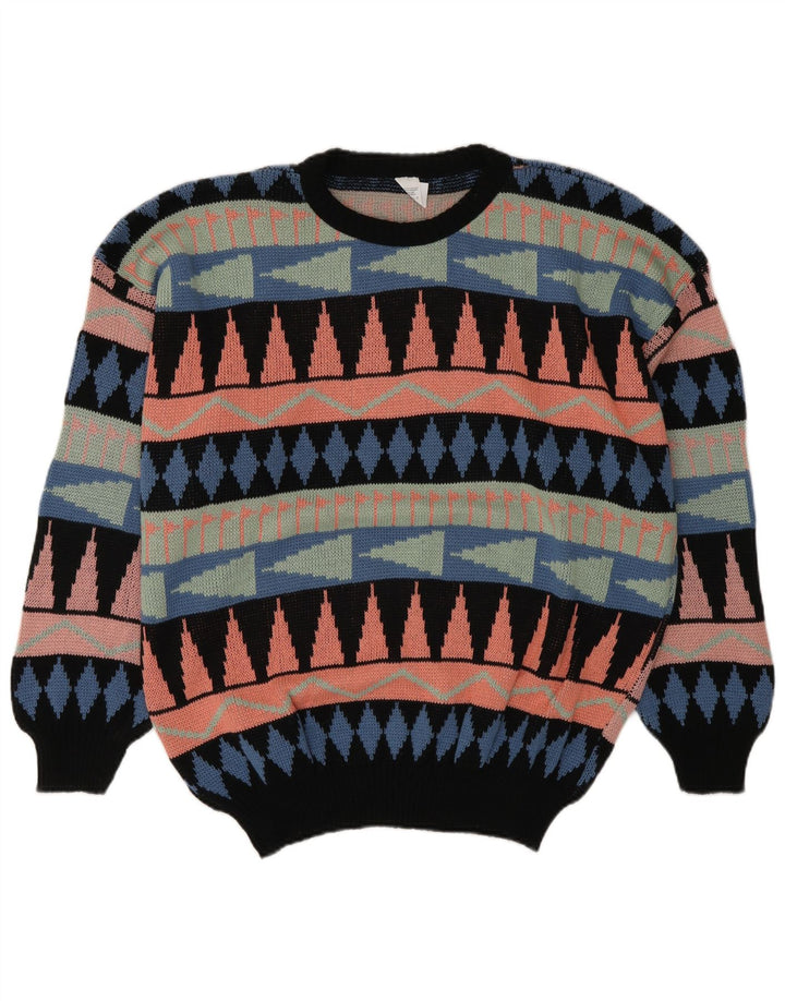Vintage Mens Crew Neck Jumper Sweater Large Multicoloured Geometric Acrylic