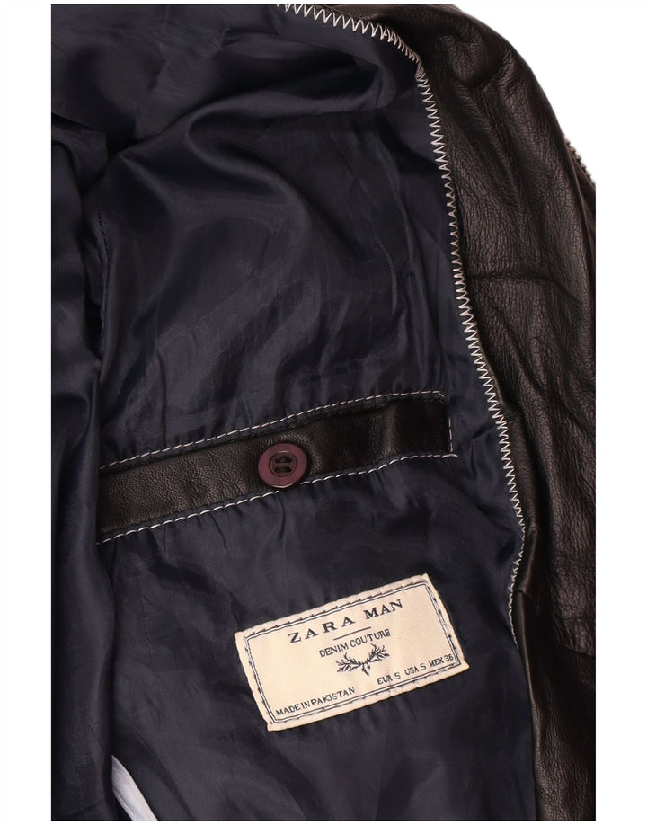 Zara Womens Leather Bomber Jacket UK 10 Small Black Leather