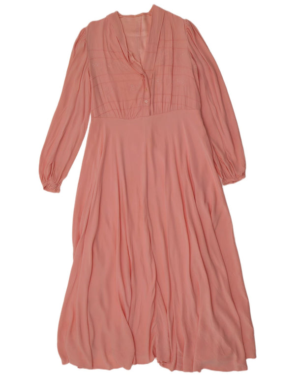 Vintage Womens Long Sleeve Maxi Tea Dress UK 12 Medium Pink Floral Retro