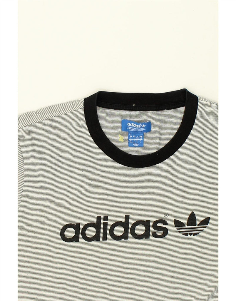 ADIDAS Mens Graphic T-Shirt Top Large Grey Striped Cotton Vintage Adidas and Second-Hand Adidas from Messina Hembry 