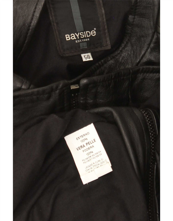 Bayside Mens Leather Racer Jacket UK 42 XL Black Leather