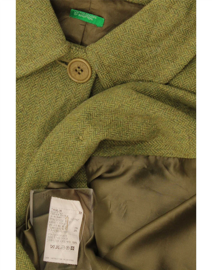 Benetton Womens Overcoat UK 14 Medium Green Herringbone Wool