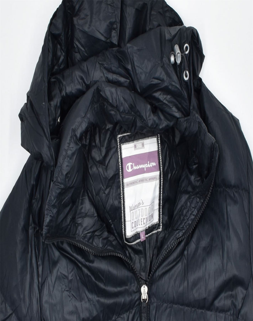 CHAMPION Womens Hooded Padded Jacket UK 16 Large Black Polyester | Vintage | Thrift | Second-Hand | Used Clothing | Messina Hembry 