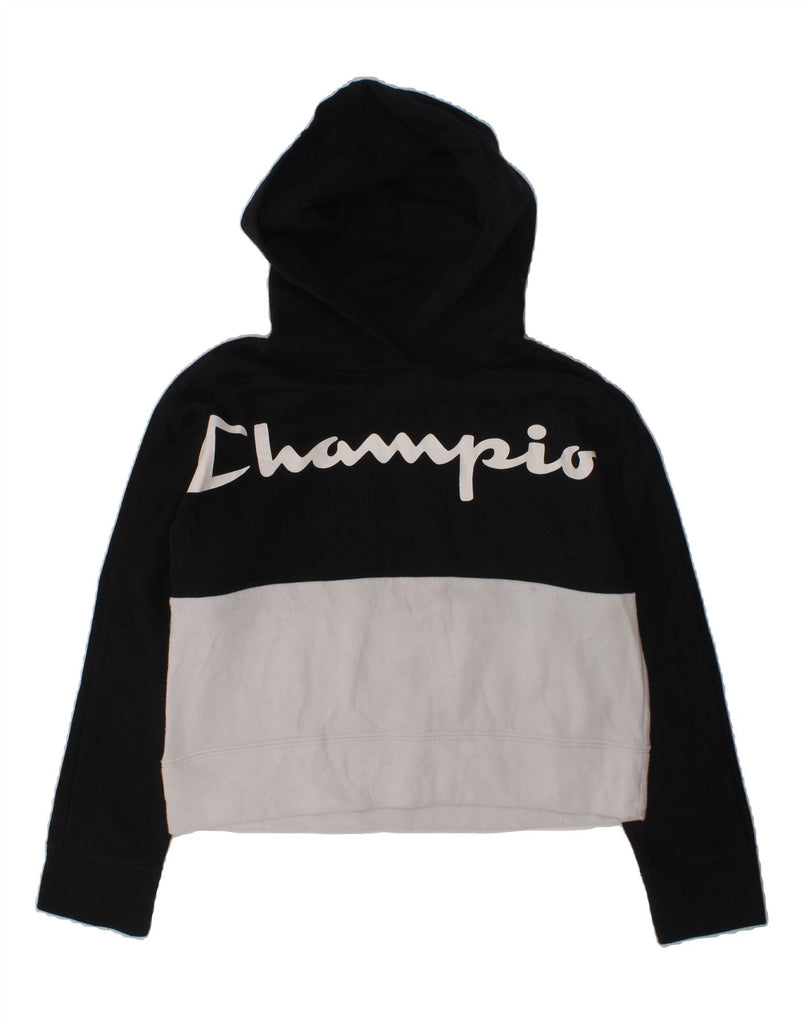 CHAMPION Girls Graphic Hoodie Jumper 7-8 Years Small  Black Colourblock | Vintage Champion | Thrift | Second-Hand Champion | Used Clothing | Messina Hembry 