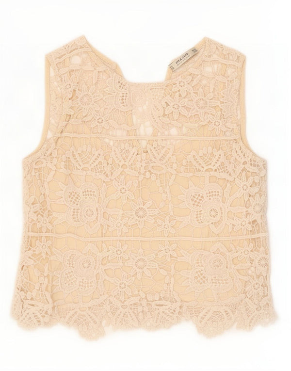 Zara Womens Crop Sleeveless Lace Blouse Top UK 4 XS Beige Floral Cotton