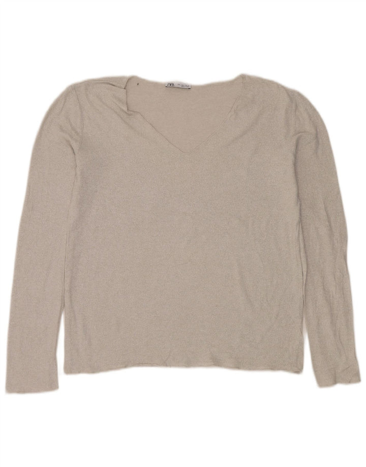 Zara Womens V-Neck Jumper Sweater UK 16 Large Silver