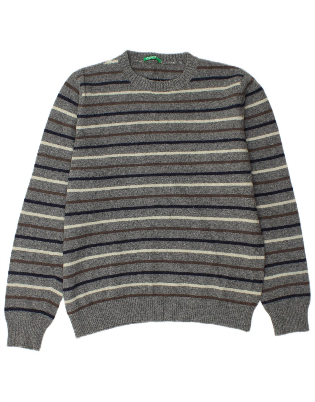 Benetton Mens Crew Neck Jumper Sweater Medium Grey Striped