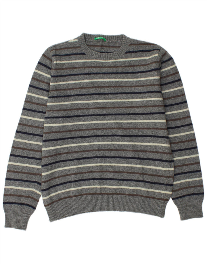 Benetton Mens Crew Neck Jumper Sweater Medium Grey Striped