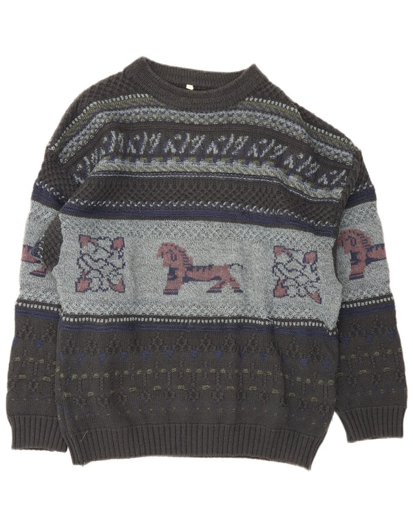 Vintage Mens Graphic Crew Neck Jumper Sweater XL Grey Fair Isle Wool