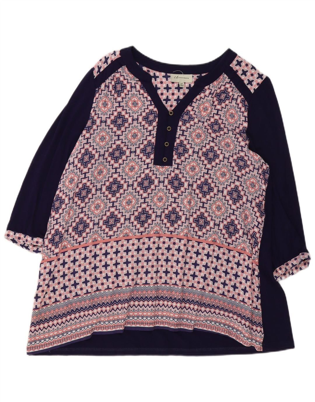 Marks & Spencer Womens 3/4 Sleeve Blouse Top UK 14 Large Blue Geometric