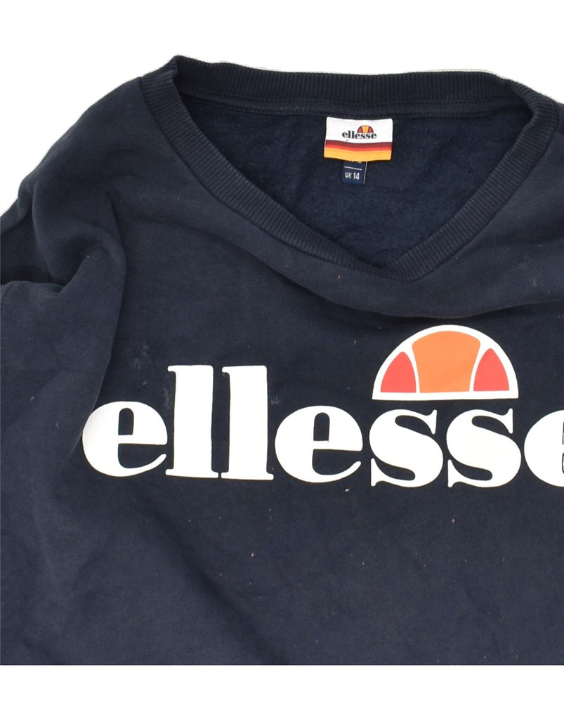 ELLESSE Womens Graphic Sweatshirt Jumper UK 14 Large  Navy Blue Cotton | Vintage Ellesse | Thrift | Second-Hand Ellesse | Used Clothing | Messina Hembry 