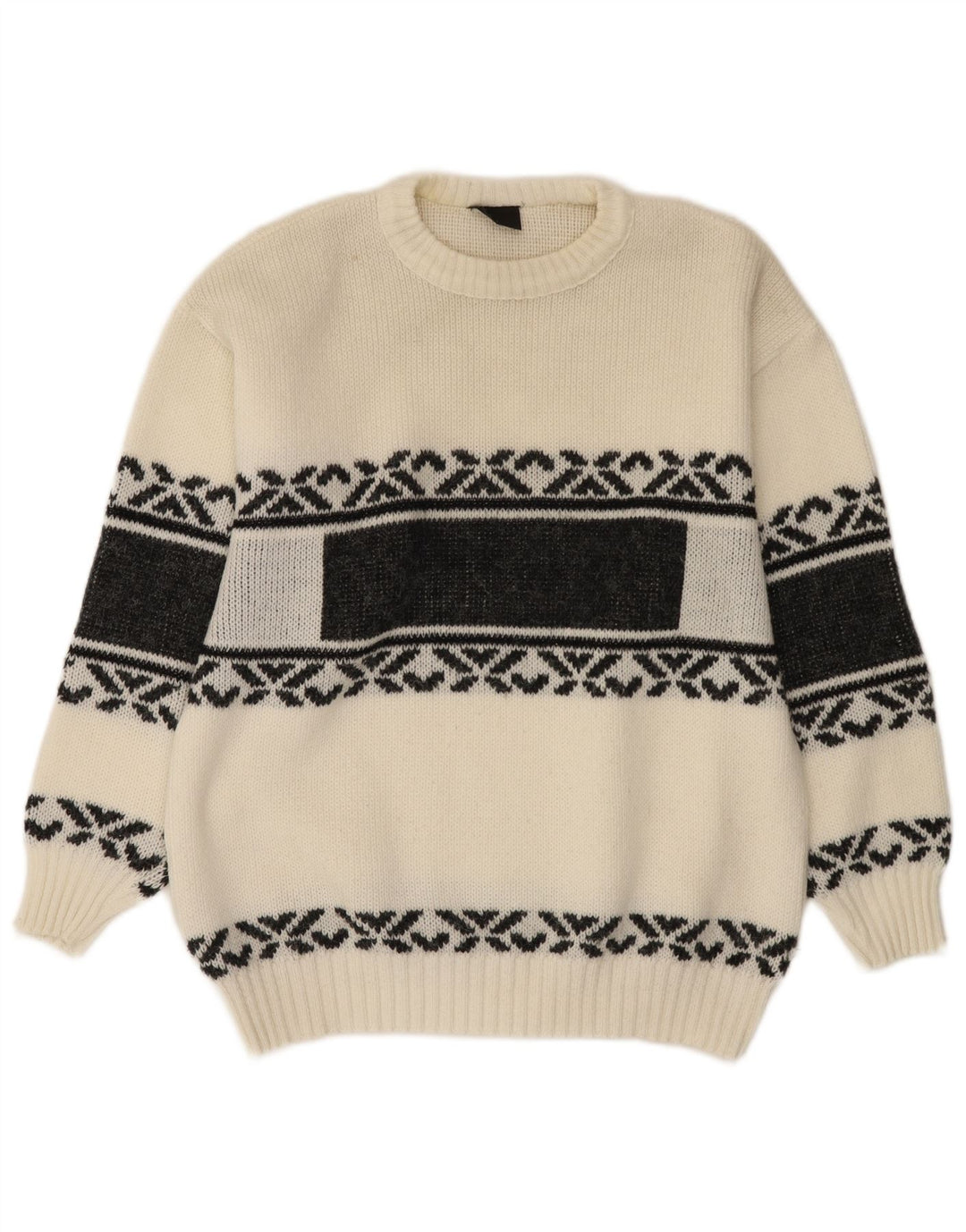 Vintage Mens Crew Neck Jumper Sweater Medium White Fair Isle