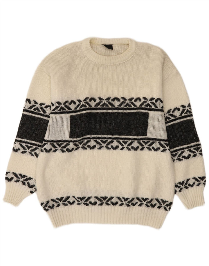 Vintage Mens Crew Neck Jumper Sweater Medium White Fair Isle