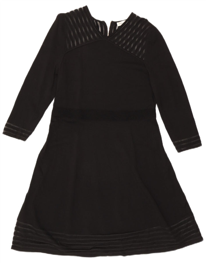 CALVIN KLEIN Womens Long Sleeve A-Line Dress UK 18 XL Black Striped Rayon