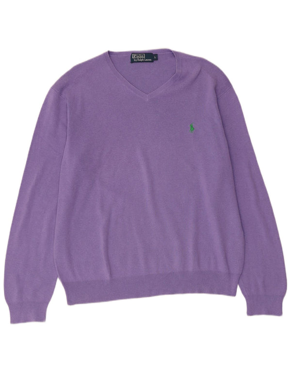 POLO RALPH LAUREN Womens V-Neck Jumper Sweater UK 16 Large Purple Cotton