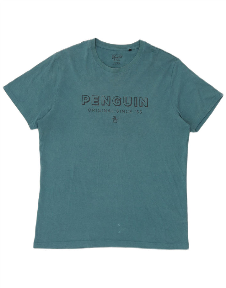 Penguin Mens Graphic T-Shirt Top XL Blue Cotton