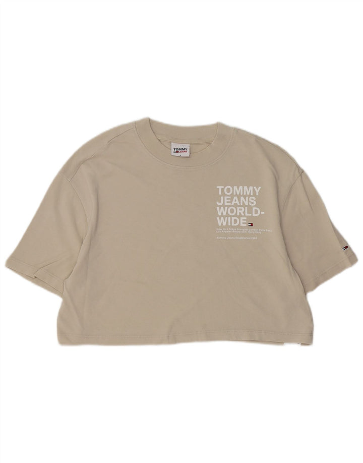 TOMMY HILFIGER Womens Oversized Crop Graphic T-Shirt Top UK 10 Small Beige