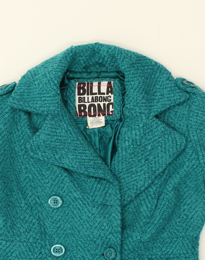 BILLABONG Womens Double Breasted Overcoat UK 8 Small Turquoise Polyester | Vintage Billabong | Thrift | Second-Hand Billabong | Used Clothing | Messina Hembry 