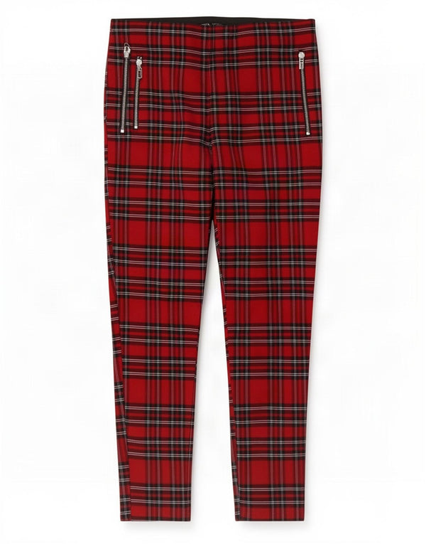 Zara Womens Skinny Casual Trousers XL W32 L27 Red Plaid Viscose