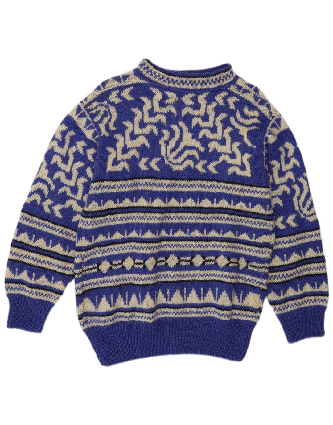 Vintage Mens Turtle Neck Jumper Sweater Medium Blue Geometric