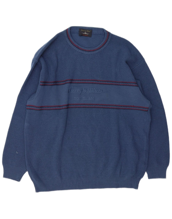 VINTAGE Mens Graphic Crew Neck Jumper Sweater XL Blue Wool