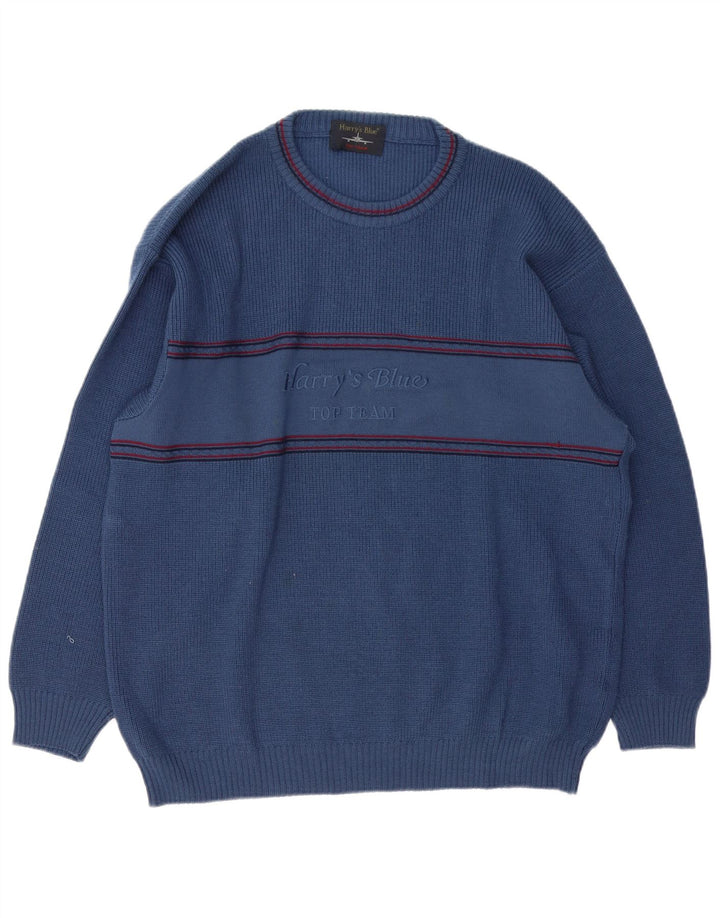 VINTAGE Mens Graphic Crew Neck Jumper Sweater XL Blue Wool