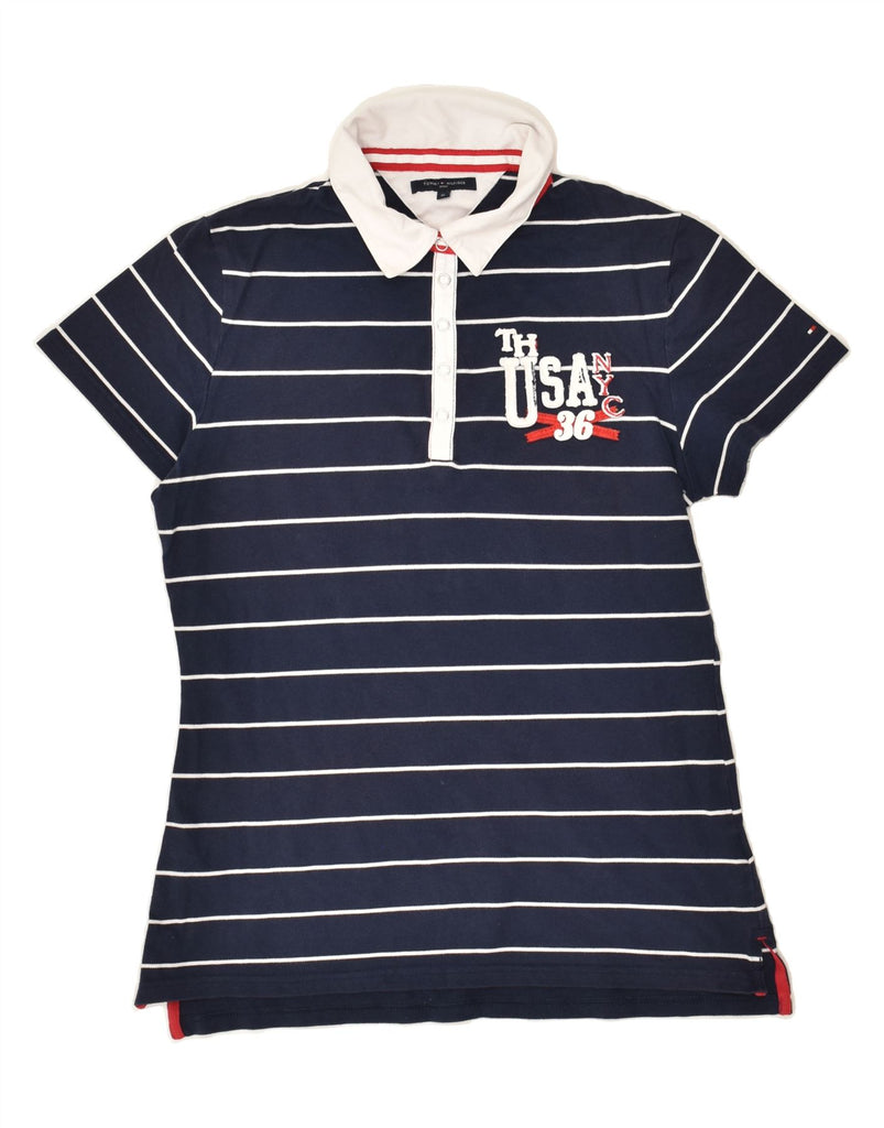 TOMMY HILFIGER Womens Graphic Polo Shirt UK 18 XL Navy Blue Striped Cotton Vintage Tommy Hilfiger and Second-Hand Tommy Hilfiger from Messina Hembry 