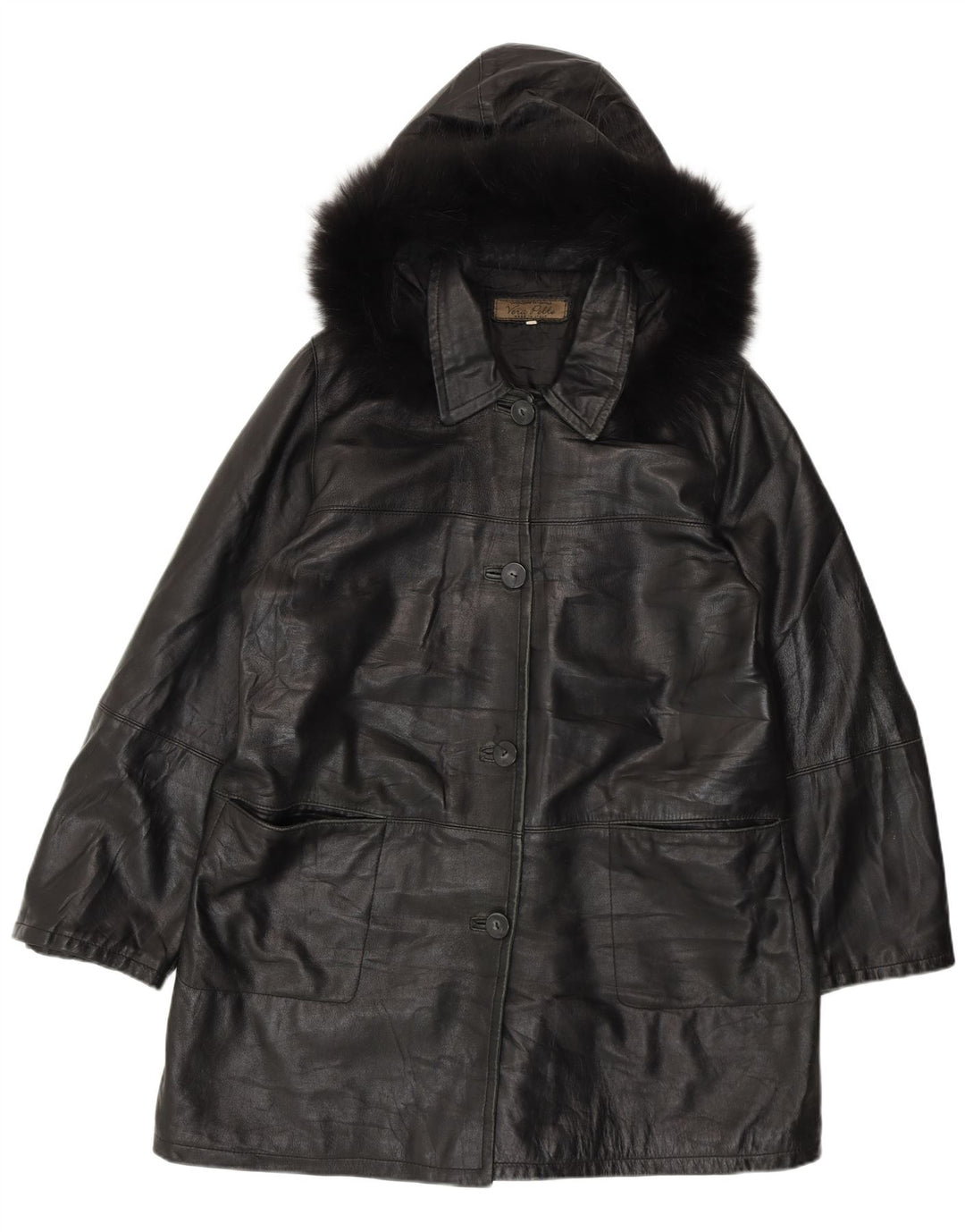 Vintage Womens Hooded Leather Coat IT 50 XL Black Leather