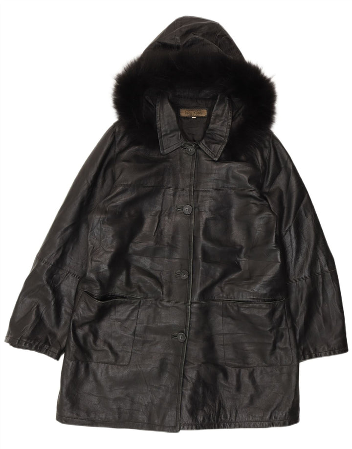 Vintage Womens Hooded Leather Coat IT 50 XL Black Leather