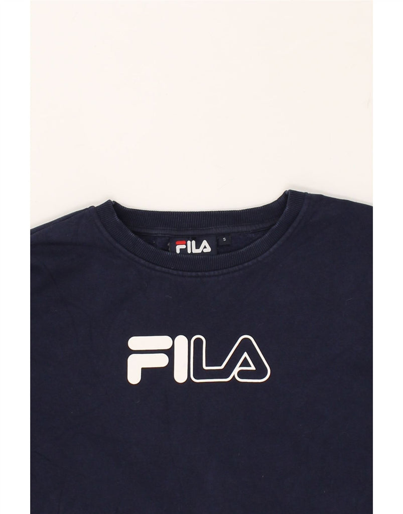 FILA Womens Graphic Sweatshirt Jumper UK 10 Small Navy Blue Cotton | Vintage Fila | Thrift | Second-Hand Fila | Used Clothing | Messina Hembry 