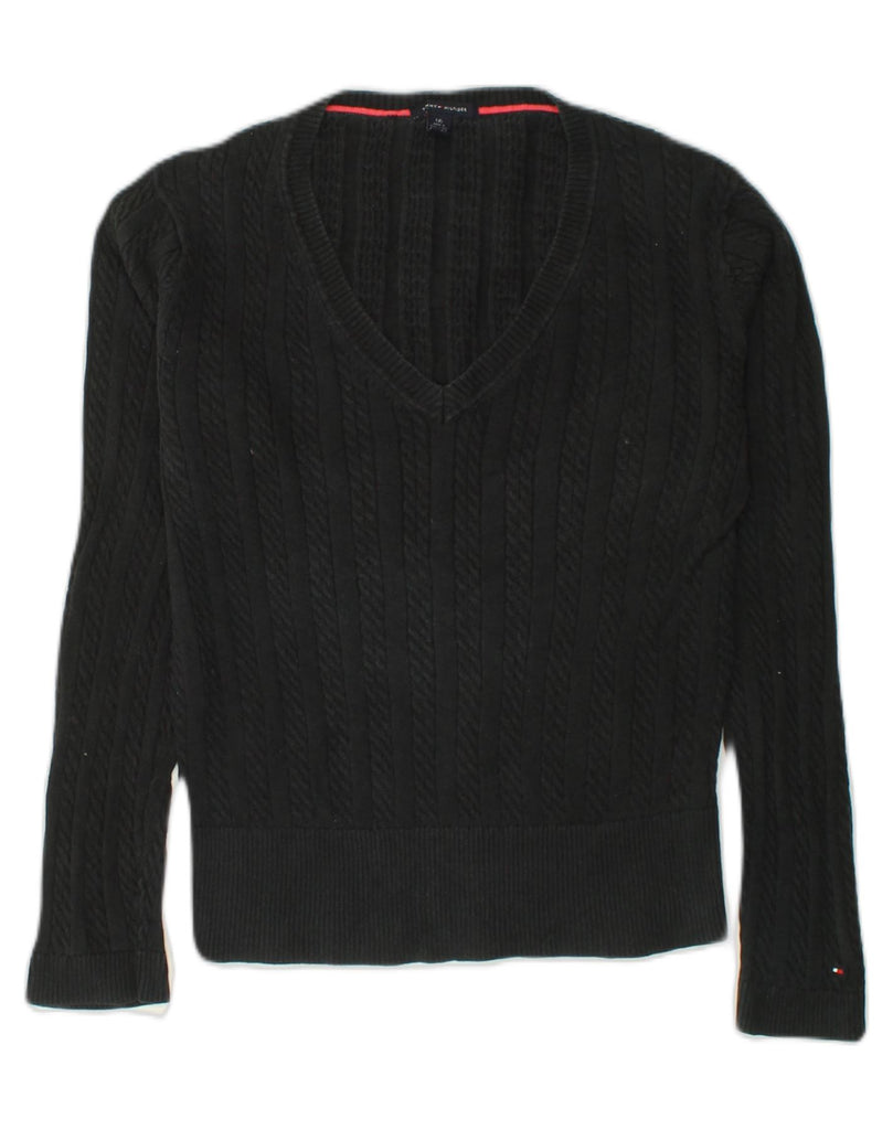 TOMMY HILFIGER Womens V-Neck Jumper Sweater UK 14 Large Black Cotton | Vintage Tommy Hilfiger | Thrift | Second-Hand Tommy Hilfiger | Used Clothing | Messina Hembry 