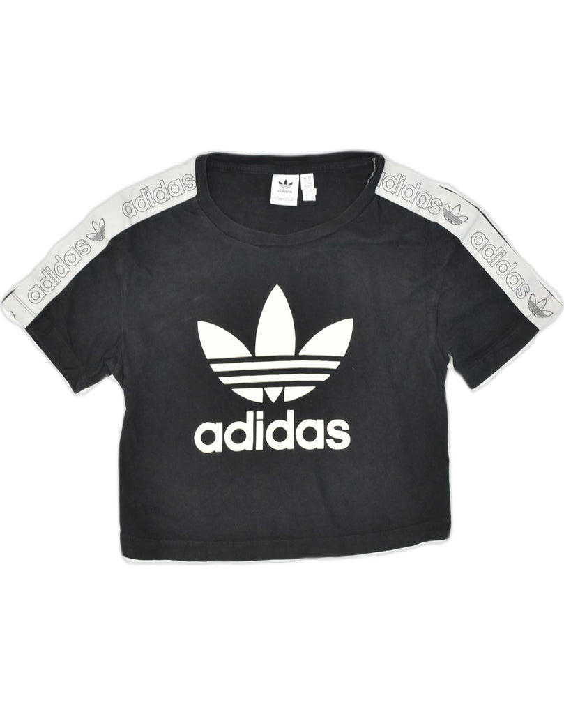 ADIDAS Womens Crop Graphic T-Shirt Top UK 6 XS Black Cotton | Vintage | Thrift | Second-Hand | Used Clothing | Messina Hembry 