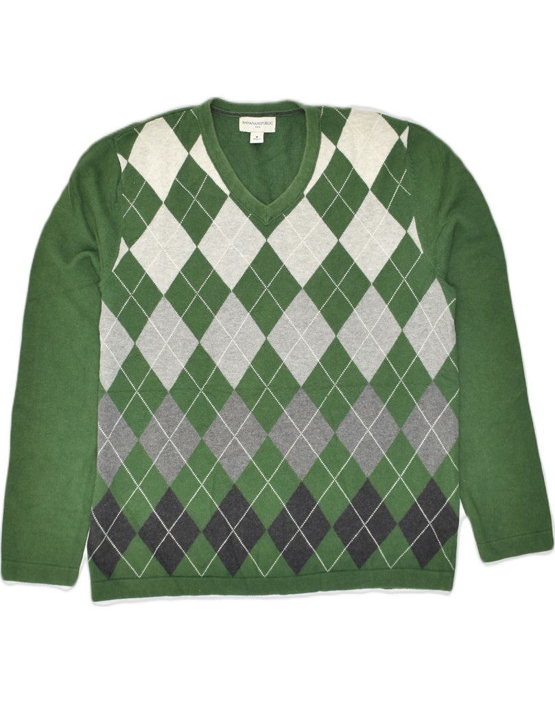 BANANA REPUBLIC Mens V-Neck Jumper Sweater Medium Green Argyle/Diamond | Vintage Banana Republic | Thrift | Second-Hand Banana Republic | Used Clothing | Messina Hembry 