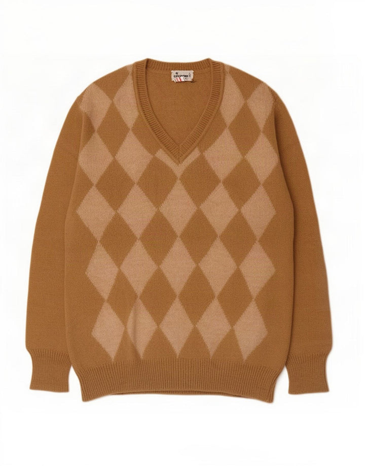 Colombo Mens V-Neck Jumper Sweater Medium Beige Argyle/Diamond Alpaca Wool