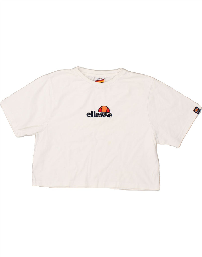 ELLESSE Womens Crop Graphic T-Shirt Top UK 10 Small White Cotton | Vintage Ellesse | Thrift | Second-Hand Ellesse | Used Clothing | Messina Hembry 