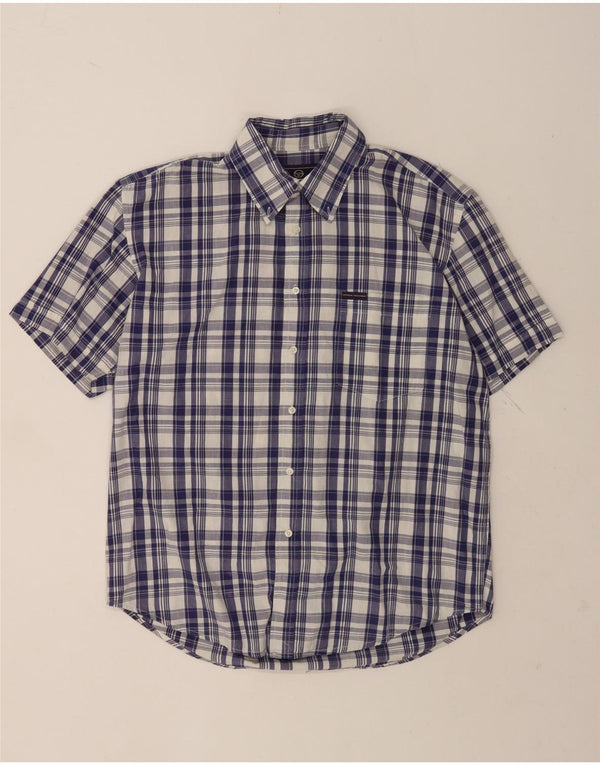 Sergio Tacchini Mens Short Sleeve Shirt Large Navy Blue Check Cotton