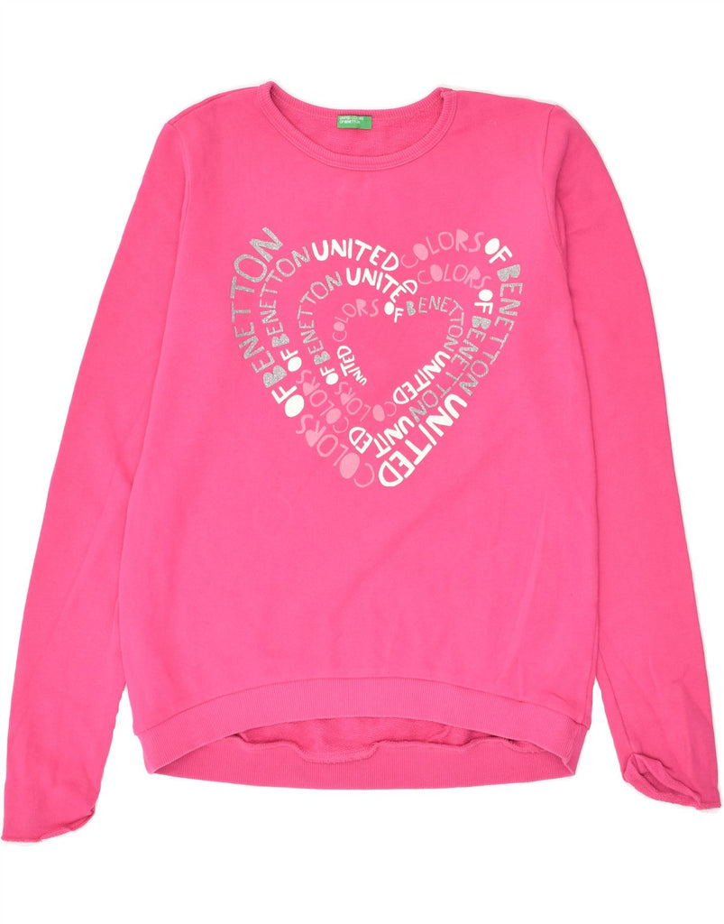 BENETTON Girls Graphic Sweatshirt Jumper 13-14 Years 3XL  Pink Cotton | Vintage Benetton | Thrift | Second-Hand Benetton | Used Clothing | Messina Hembry 