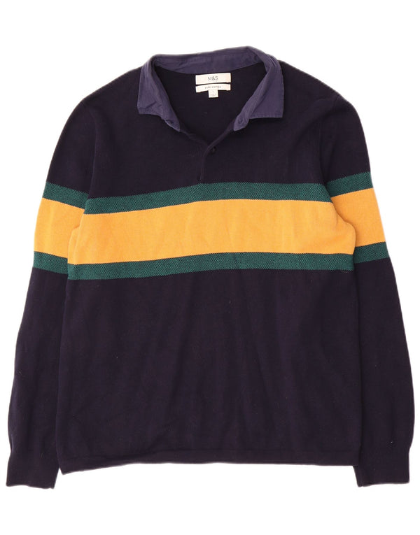 Marks & Spencer Mens Polo Neck Jumper Sweater Large Navy Blue Striped