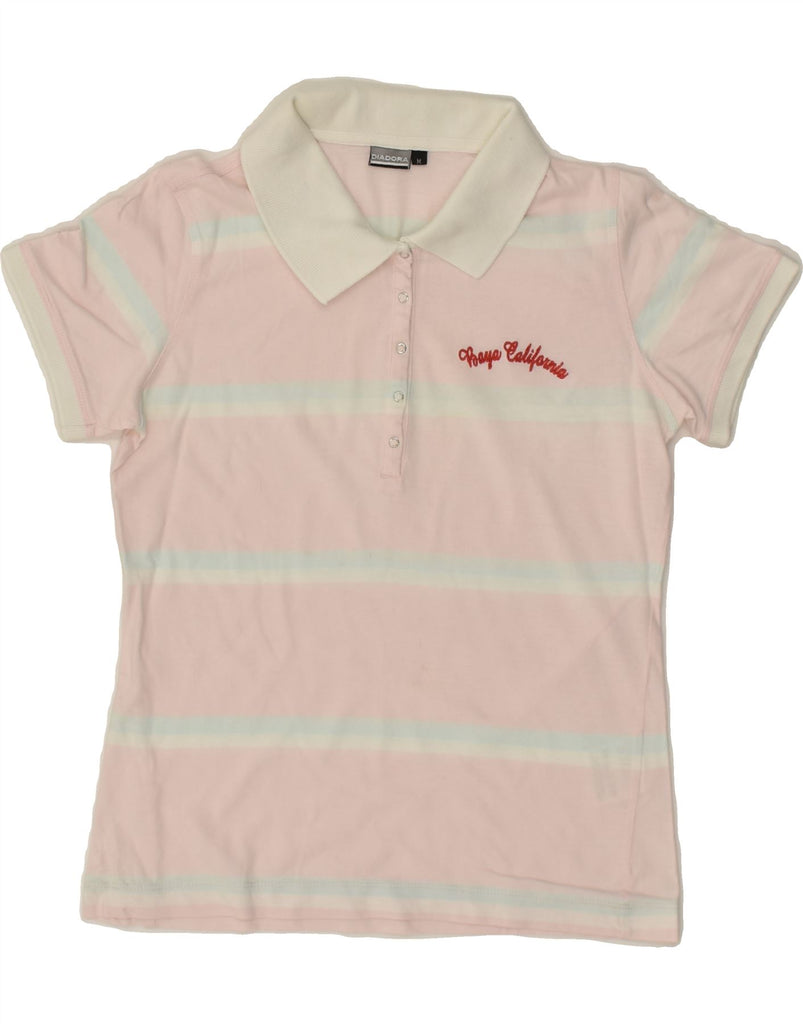 DIADORA Womens Polo Shirt UK 12 Medium Pink Striped Cotton | Vintage Diadora | Thrift | Second-Hand Diadora | Used Clothing | Messina Hembry 