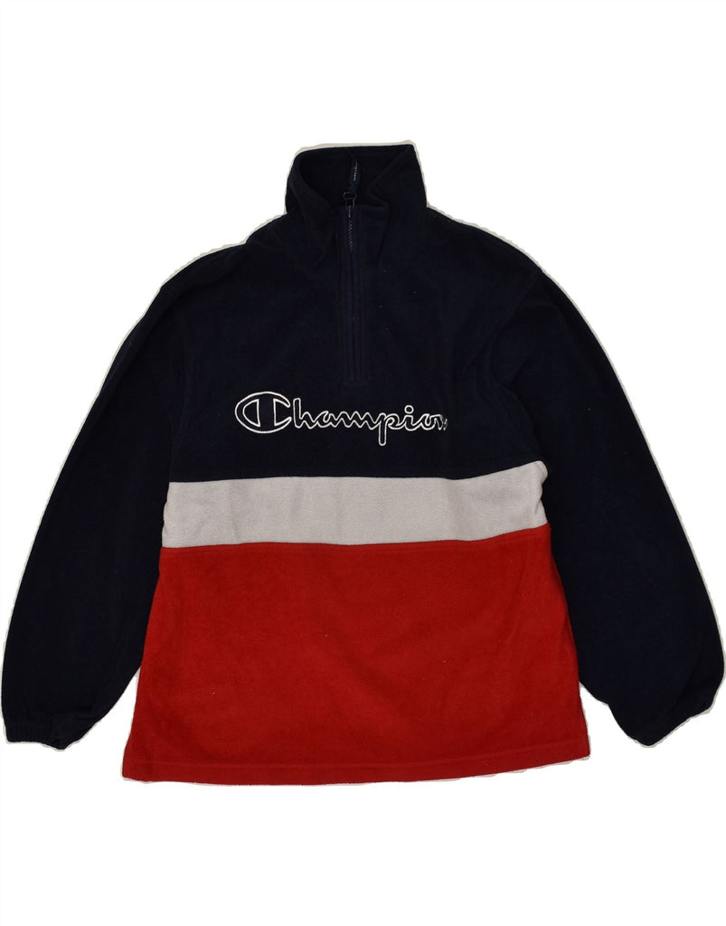 CHAMPION Boys Graphic Fleece Jumper 9-10 Years Navy Blue Colourblock | Vintage Champion | Thrift | Second-Hand Champion | Used Clothing | Messina Hembry 