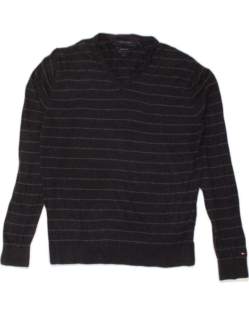 TOMMY HILFIGER Mens V-Neck Jumper Sweater 2XL Black Striped Cotton | Vintage Tommy Hilfiger | Thrift | Second-Hand Tommy Hilfiger | Used Clothing | Messina Hembry 